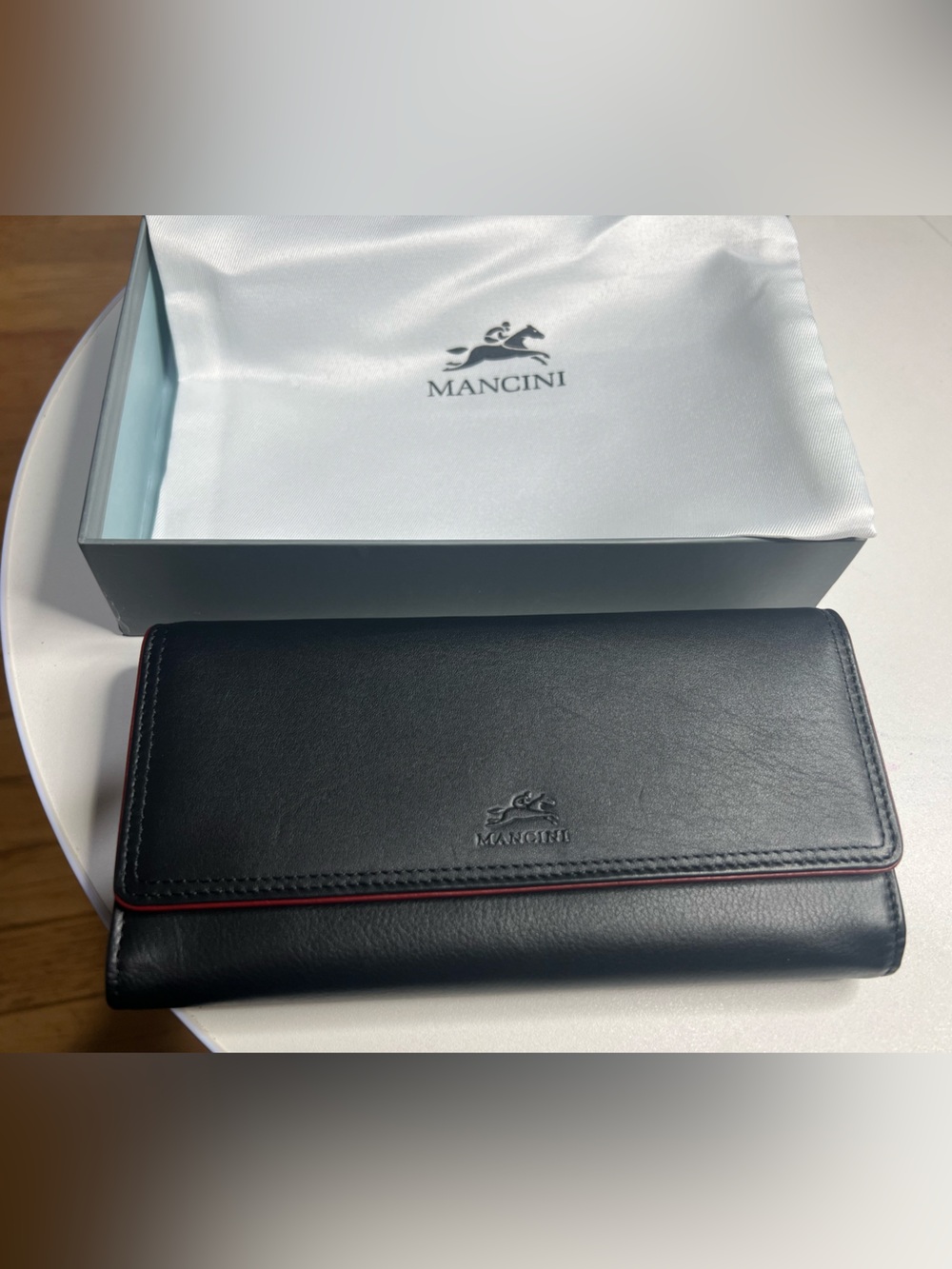 Black Leather Women's Wallet with Red Trim